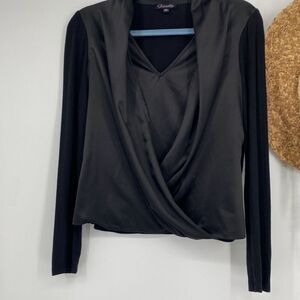 Gianetta Long Sleeve Dressy Mixed Media Layered Wrap Top Satin‎ Black PM